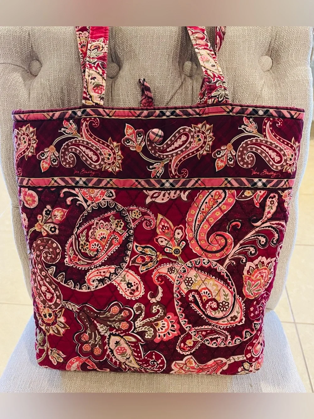 Vera Bradley Burgundy Paisley Quilted Tote with Floral Accents